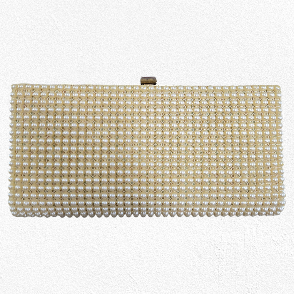 Vintage 1960s JR USA Pearl Beaded Evening Clutch Ivory Bridal Cocktail Purse